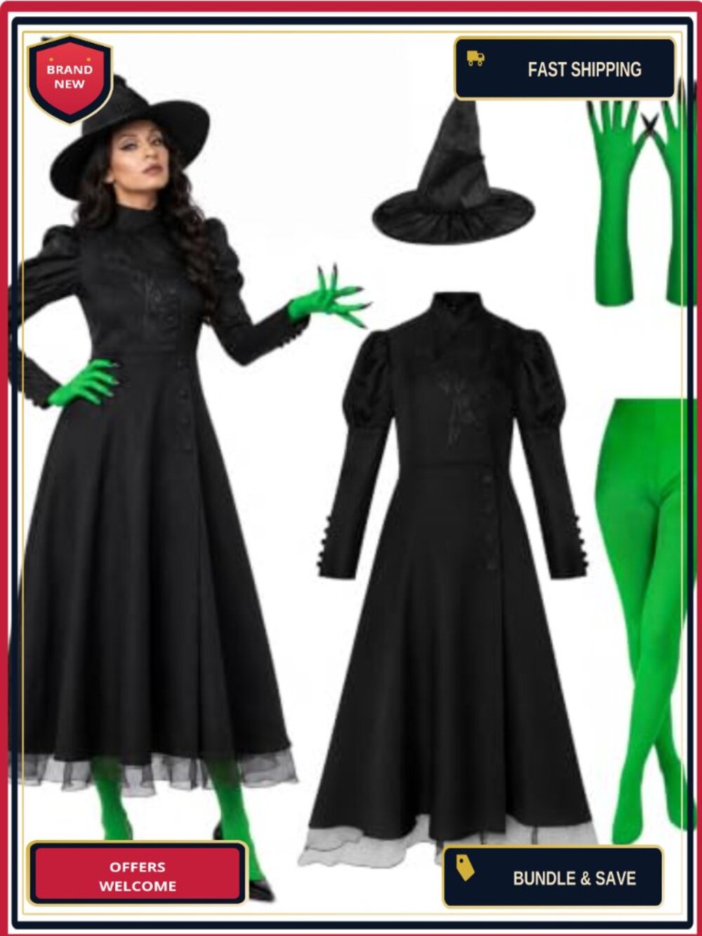 Women's Witch Costume Set 4-Piece Dress Hat Gloves Tights Halloween Cosplay
